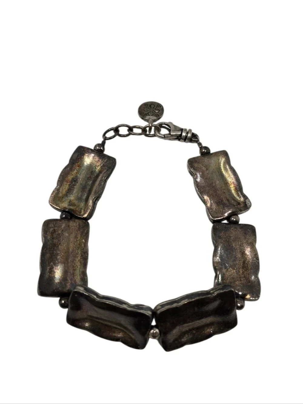 Vintage Modernist Rectangular Link Sterling Silver Bracelet With Dark Finish